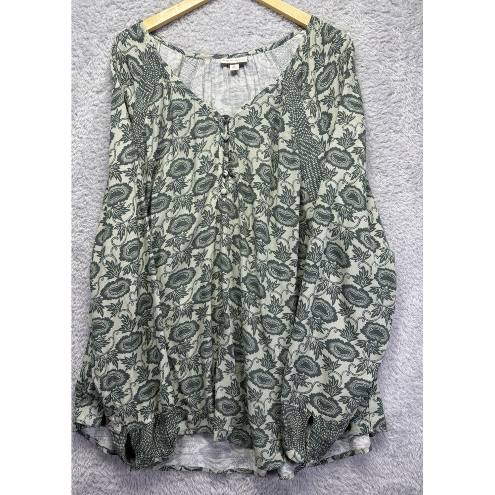 Knox Rose Women Tunic Top  XXL Green Floral Long Slv V-Neck Popover Boho Peasant - Picture 5 of 12